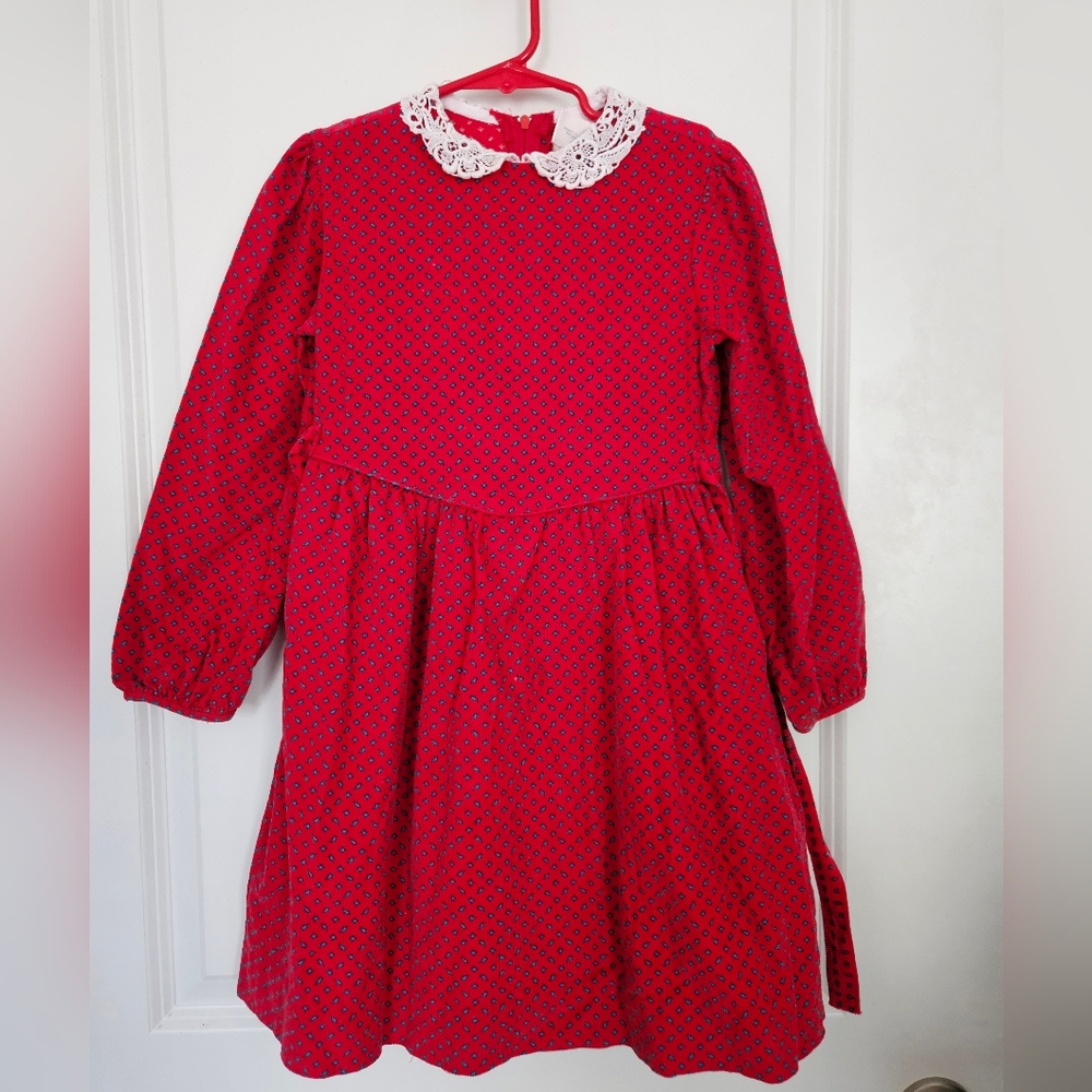 Vintage Ceil Ainsworth Red Corduroy Long-Sleeve Dress with Lace Collar - Size 6x